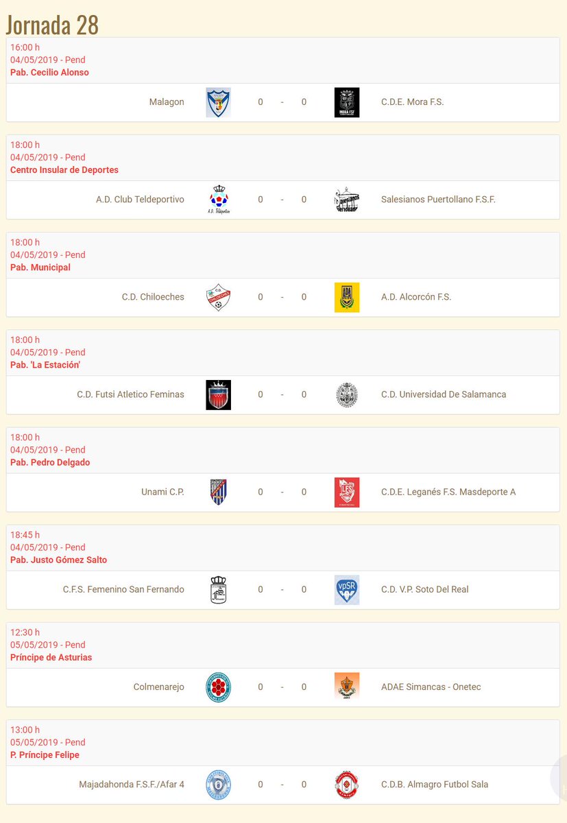 Femegol (@femegol) on Twitter photo Horarios Segunda Fútsal Grupo IV
<a href="/Malagonfsf/">C.D.B Malagón F.S.F</a> <a href="/CDSalesianosPto/">CD Salesianos Puertollano</a> <a href="/futsi_atletico/">Futsi Atlético Navalcarnero</a> <a href="/ADAESIMANCAS/">A.D.A.E.SIMANCAS</a> <a href="/AlmagroFSFclub/">Almagro F.S.F</a> <a href="/ADAlcorconFSF/">A.D. Alcorcón F.S.F.</a> @FSMajadahonda <a href="/FutsalUsal/">Futsal Usal</a> <a href="/Teldeportivo/">Teldeportivo</a> <a href="/VpSotodelReal/">CDVP Soto del Real FS</a> <a href="/NaranjaSanfer/">C.F.S. Femenino San Fernando</a> @LEGAFUTBOLSALA <a href="/Las13azules/">Unami Futsalfem</a> @Chiloeches_FS <a href="/ColmeFutsal/">Colme Futsal</a> <a href="/MoraFutbolSala/">Mora F.S.F</a> Horarios Segunda Fútsal Grupo IV
<a href="/Malagonfsf/">C.D.B Malagón F.S.F</a> <a href="/CDSalesianosPto/">CD Salesianos Puertollano</a> <a href="/futsi_atletico/">Futsi Atlético Navalcarnero</a> <a href="/ADAESIMANCAS/">A.D.A.E.SIMANCAS</a> <a href="/AlmagroFSFclub/">Almagro F.S.F</a> <a href="/ADAlcorconFSF/">A.D. Alcorcón F.S.F.</a> @FSMajadahonda <a href="/FutsalUsal/">Futsal Usal</a> <a href="/Teldeportivo/">Teldeportivo</a> <a href="/VpSotodelReal/">CDVP Soto del Real FS</a> <a href="/NaranjaSanfer/">C.F.S. Femenino San Fernando</a> @LEGAFUTBOLSALA <a href="/Las13azules/">Unami Futsalfem</a> @Chiloeches_FS <a href="/ColmeFutsal/">Colme Futsal</a> <a href="/MoraFutbolSala/">Mora F.S.F</a>
