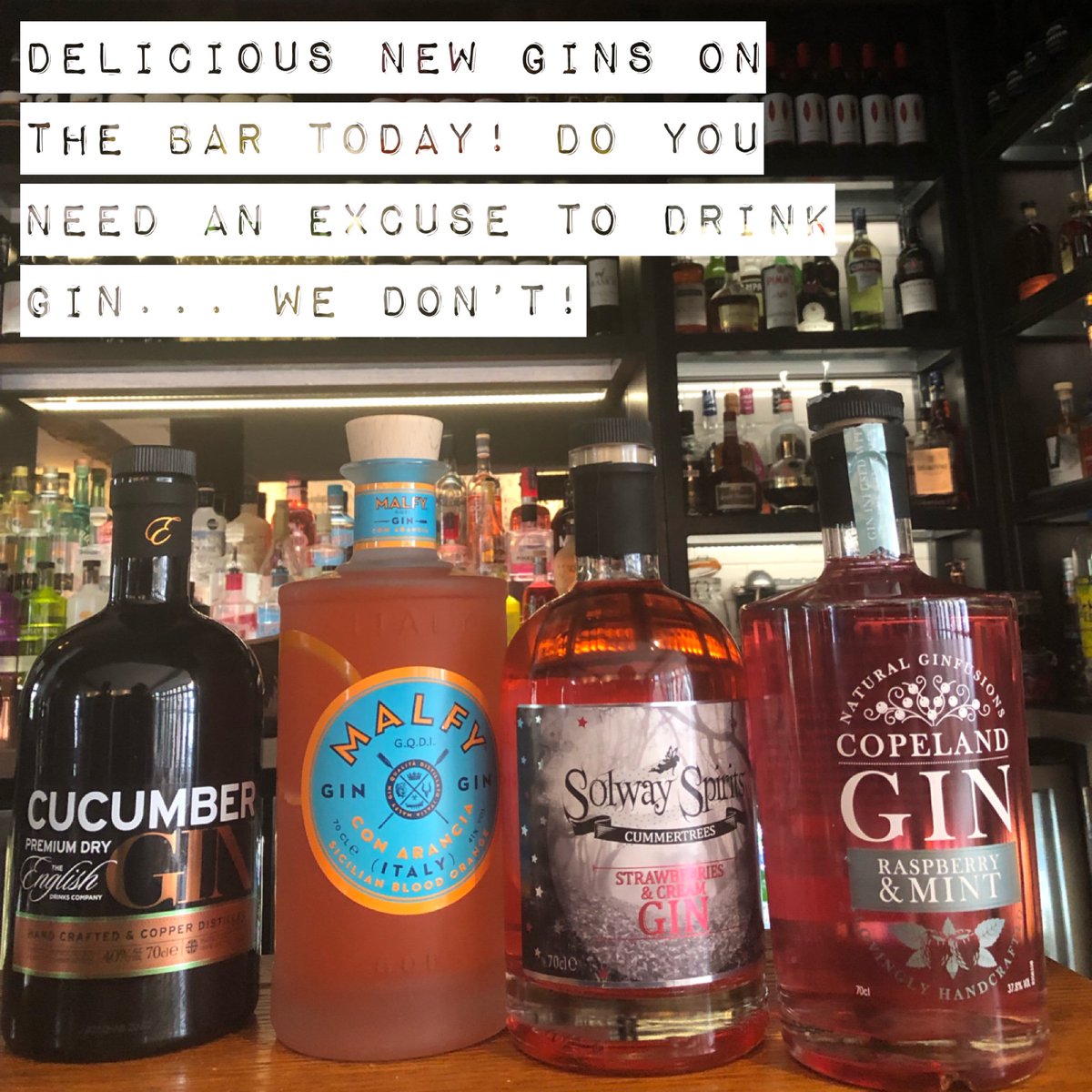 BullBartonMills's tweet photo. New gins on the bar today!! After all it is Tuesday!! Some really fresh flavours to get you in the mood for summer 🌞 #cucmbergin #malfyarancia #strawberriesandcream #raspberryandmint #bestginselectioninsuffolk #suffolkpub #500yearoldcoachinginn https://t.co/mRA949qMjV