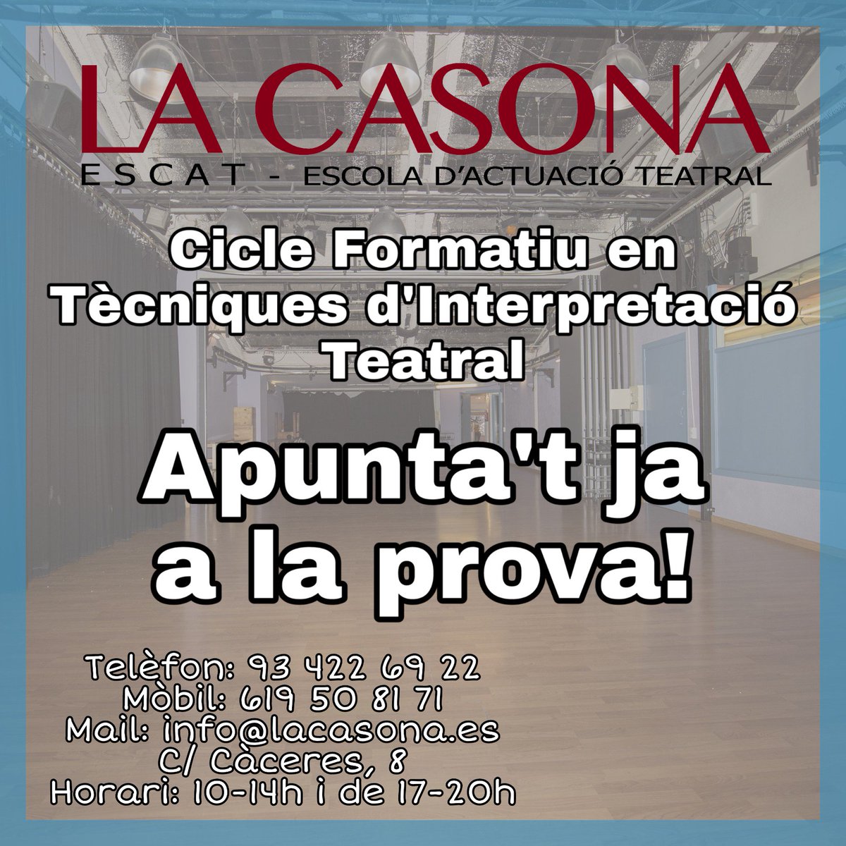 Ja et pots apuntar a la prova d'accés del Cicle Formatiu en Tècniques d'Interpretació Teatral.

Més imformació a la nostra web! ⬇️
estudisteatre.barcelona/CFGS.html