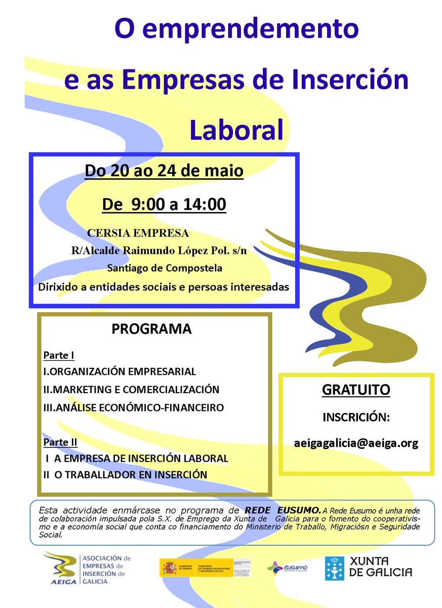 💻 Curso: O #Emprendemento e as Empresas de Inserción Laboral
📌 Lugar: <a href="/CERSIAEmpresa/">CERSIA Empresa</a> en #SantiagoDeCompostela
🗓️ 20, 21, 22, 23 e 24 de #maio
🕜 9 a 14h
ℹ️ Máis información e inscricións: aeigagalicia@aeiga.org
👩‍🏫 Imparte @eigagalicia Acción subvencionada por <a href="/eusumogal/">Eusumo Economía Social de Galicia</a>