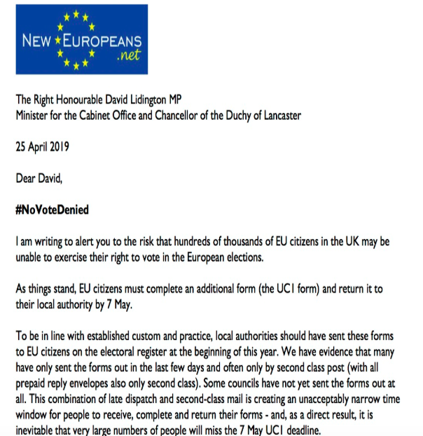 NewEuropeanPF's tweet photo. Write to your MP with copy of our letter to David Lidington demanding these actions so that ALL #EUcitzens can vote #EP2019
1) Provide UC1 reg. form for EU citizens at ALL polling stations
2) Send polling cards to ALL EU citizens on register 
#NoVoteDenied
https://t.co/Ev8EU9K5Ns https://t.co/jxDi9c4nJ4