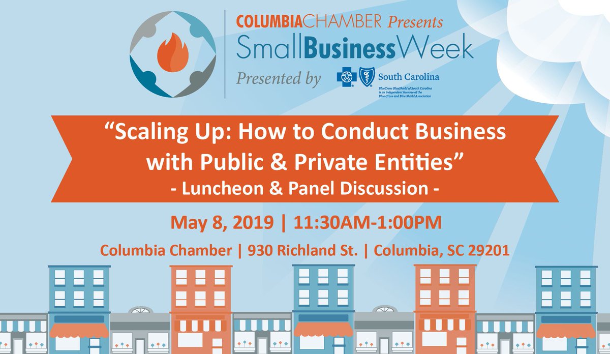 ColaChamber's tweet image. #SmallBusinessWeek2019: Join us &amp;amp; @columbiaobo for a Luncheon &amp;amp; Panel Discussion next Wednesday! 💼
We'll be discussing how to conduct business with private &amp;amp; public entities. 🤝
Register Now &amp;gt;&amp;gt;&amp;gt; buff.ly/2ZLTYay
