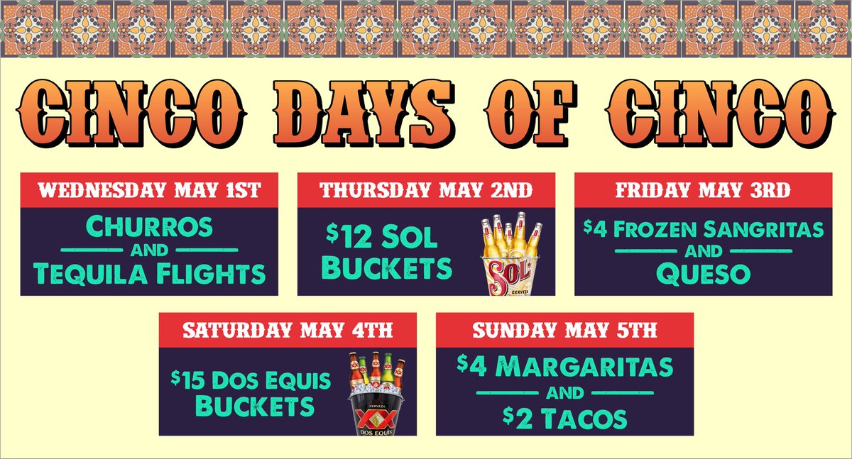 HardwoodCafe's tweet photo. Don’t miss out on our Cinco days of Cinco 💃🏼🌮🍹🤪 https://t.co/Q0xXPeBjiq