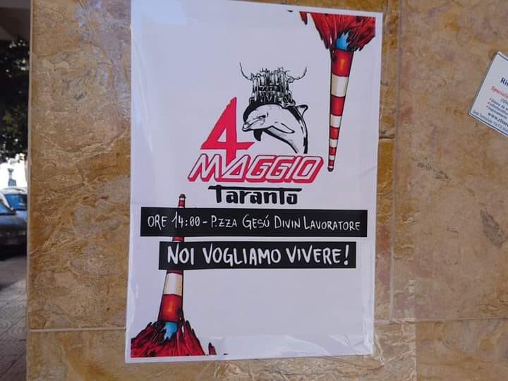 Red_StellaCiao's tweet photo. Noi vogliamo vivere! 
4 maggio Taranto
ore 14 - Piazza Gesù Divin Lavoratore Rione Tamburi. 
#noivogliamovivere #IlvaIsAKiller https://t.co/1APCvj9Jpk