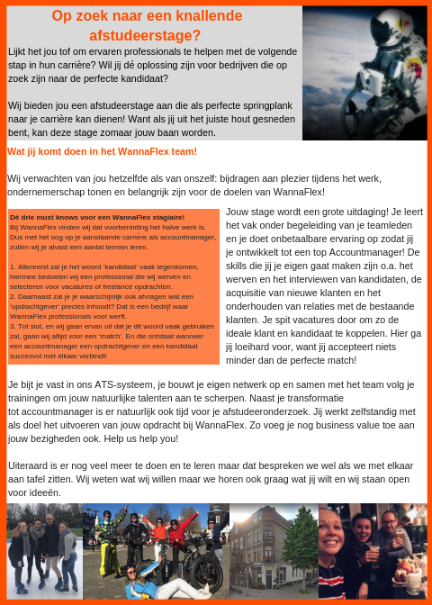 WannaFlex's tweet photo. Zoek jij een afstudeerstage in de richting van HR / Accountmanagement / Recruitment / Sales?
@WannaFlex zoekt een stagiair(e)!
Lees hieronder naar wie we opzoek zijn: https://t.co/BfXpT5PeaF