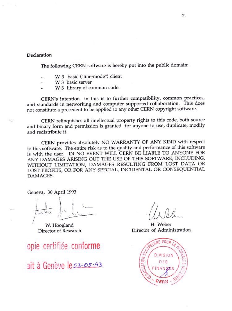 On this day in 1993: World Wide Web is made free to everyone by CERN

CERN’s document placing World Wide Web into the public domain: