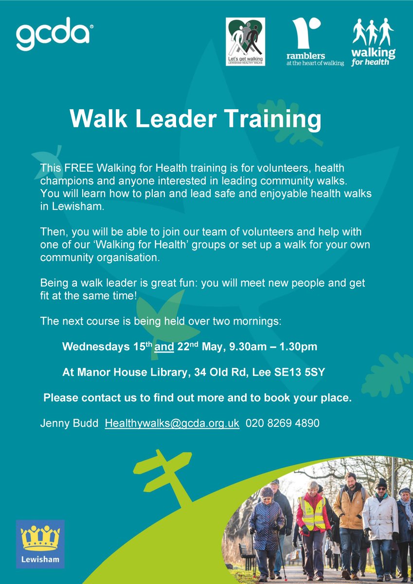 Free walking for health training of volunteers, health champions and anyone interested in leading community walks. Register and join us on the 15th and 22nd May 9.30- 1.30 Manor House Library. Click for more info <a href="/healthywalks/">Ramblers Walking for Health</a> <a href="/LewishamCouncil/">Lewisham Council</a> beinspiredlewisham.org/walk-leader-Tr…