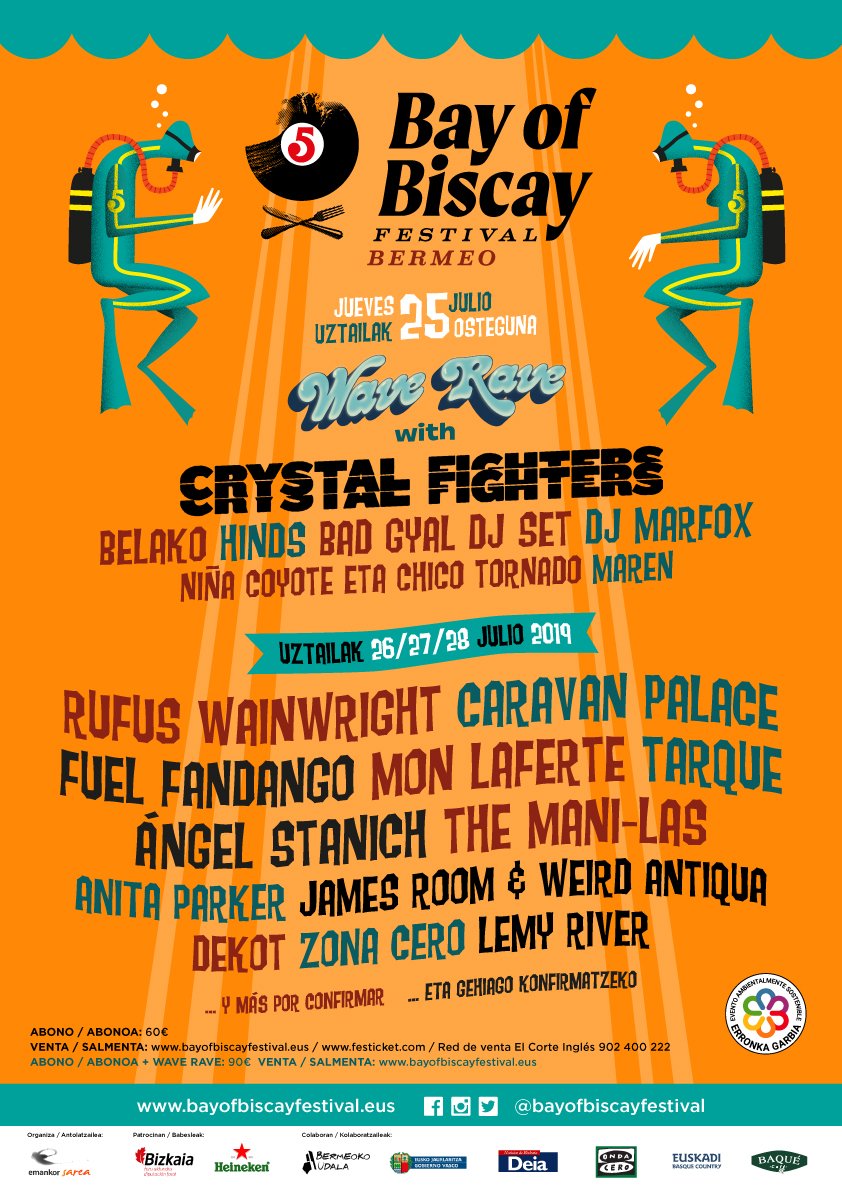 💥 BAY OF BISCAY FESTIVAL 2019 💥
@rufuswainwright, <a href="/caravanpalace/">Caravan Palace</a>, <a href="/fuelfandango/">Fuel Fandango</a>, <a href="/monlaferte/">Mon Laferte</a>, <a href="/Tarque/">tarque</a>, <a href="/angelstanich/">Ángel Stanich</a>, <a href="/themanilas/">The Mani-las</a>, <a href="/anitaparkergara/">Anita Parker #OrainPresoak</a>, <a href="/JamesRoomMusic/">James Room</a>, <a href="/LemyRiver/">Lemy River</a>, <a href="/Dekot/">acoel</a>, <a href="/ZonaCeroRock/">Zona Cero</a>, <a href="/crystalfighters/">Crystal Fighters</a> #WAVERAVE... 👉 bit.ly/2HF9G1i