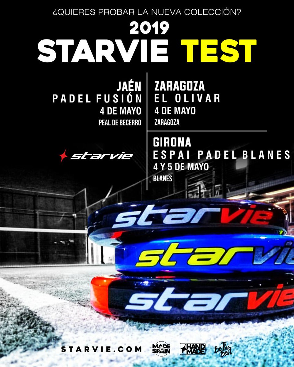 ¿Quieres probar las palas de la colección #StarVie 2019? Esta semana viajamos hasta 🚄🗓️🎾: 
- 4 de mayo en Padel Fusión Peal de Becerro (Jaén) 
- 4 de mayo en <a href="/OlivarPadel/">El Olivar, Academia de Padel</a> (Zaragoza) 
- 4 y 5 de mayo en <a href="/espaipadel/">Espai Padel Blanes</a>  (Girona) 
#StarVieTest | #BeTheBest