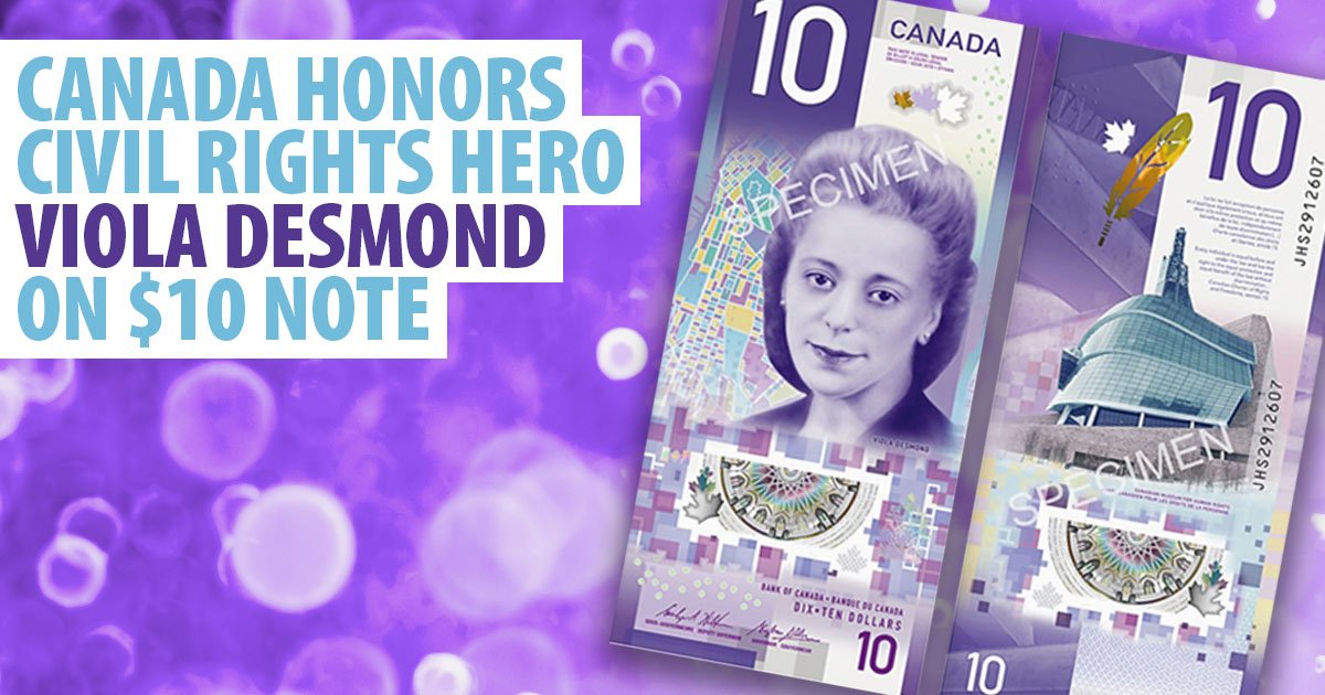 🇨🇦's $10 bill featuring Viola Desmond has received the prestigious 'Bank Note of the Year Award' from the IBNS. Ms. Desmond was a Civil Rights pioneer in Nova Scotia. #ViolaDesmond 🍁