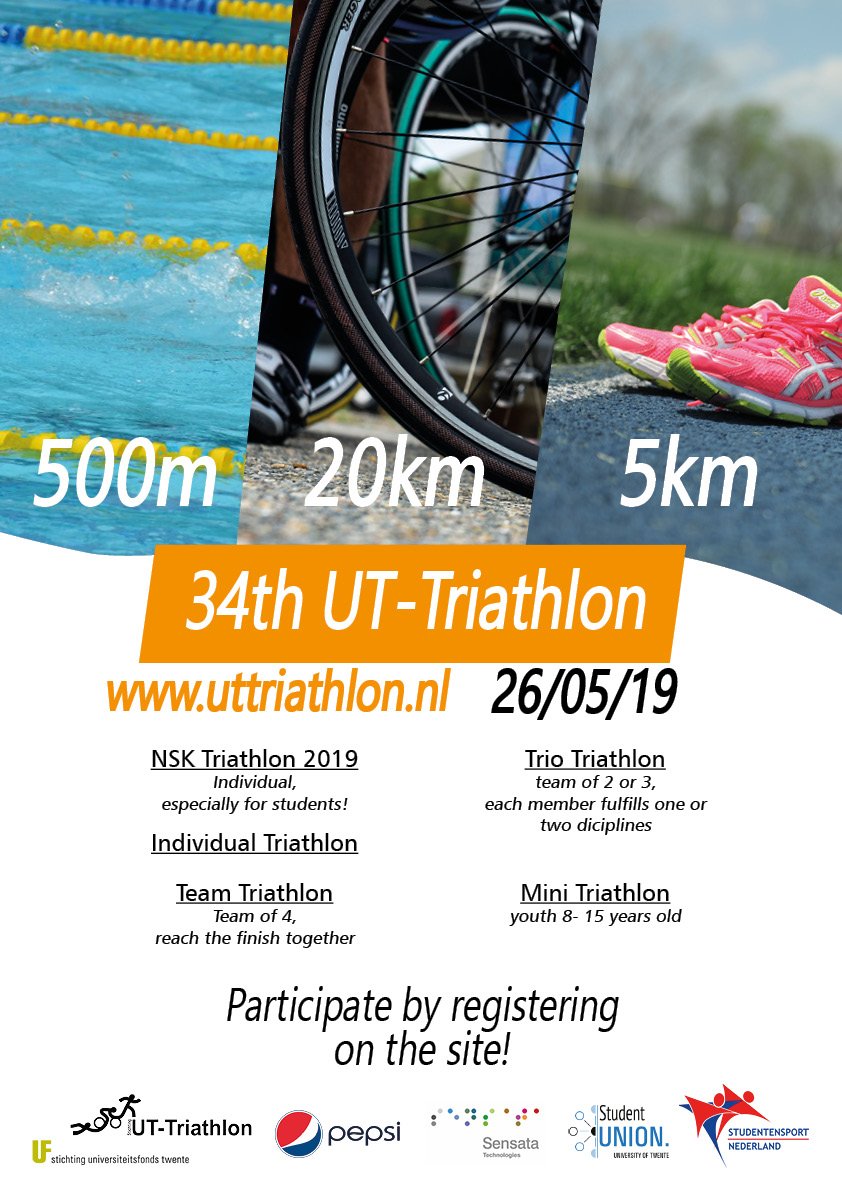 De poster van de UT-Triathlon hangen op de campus van de <a href="/utwenteEN/">University of Twente (inactive)</a> en <a href="/Saxion/">Hogeschool Saxion (inactief)</a>. Heb jij ze al gespot? Inschrijven kan tot 10 mei 2019!