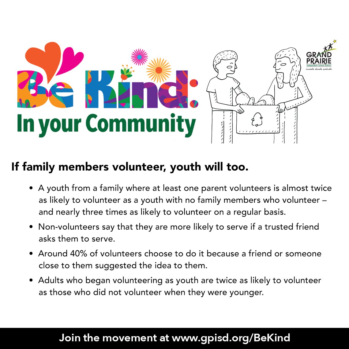 grandprairieisd's tweet photo. If family members volunteer, youth will too! https://t.co/gGo3aCT8aO
#BeKindGPISD #BeKindInYourCommunity https://t.co/i9qPMj1Qr0