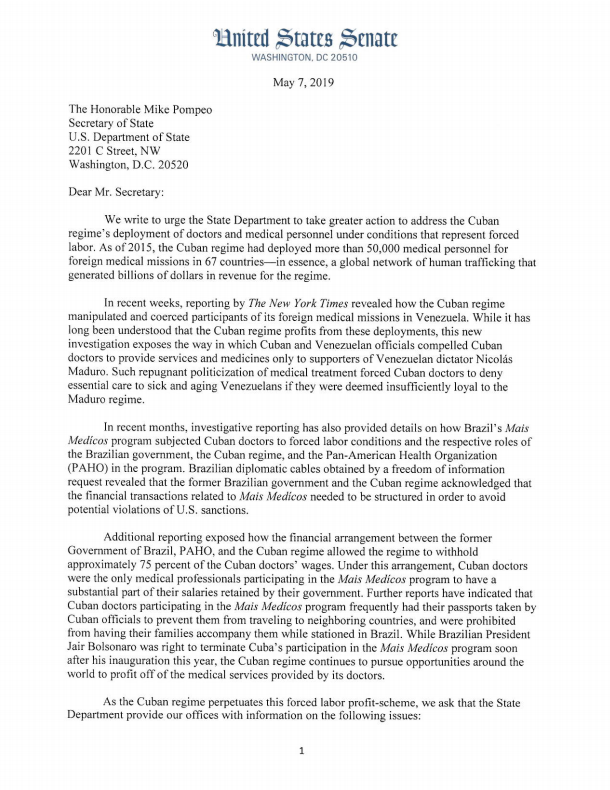 SenMarcoRubio's tweet photo. Today, @SenatorMenendez, @SenRickScott &amp; I sent a letter to @SecPompeo urging the @StateDept take action to address the Cuban regime’s human trafficking campaign of Cuban doctors and medical personnel --> https://t.co/hfnzbhhJ72 https://t.co/Rk4povyOpH