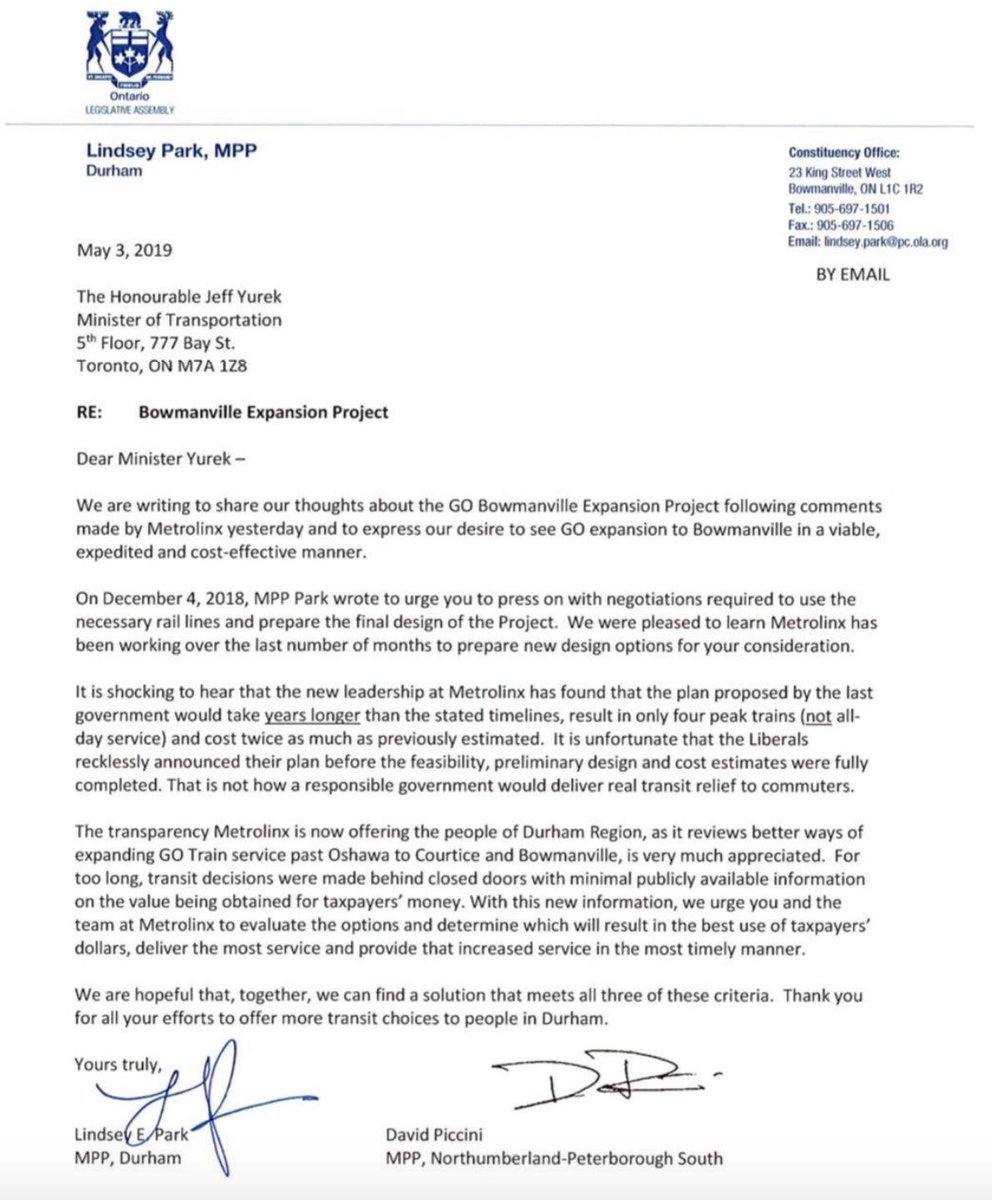 The GO Train to Bowmanville has been killed for another generation and  MPP Park is blaming the Liberals.  No surprise!  As one who worked with Metrolinx on this project, this spin is not true. @lparkpc <a href="/DavidPiccini/">David Piccini</a>