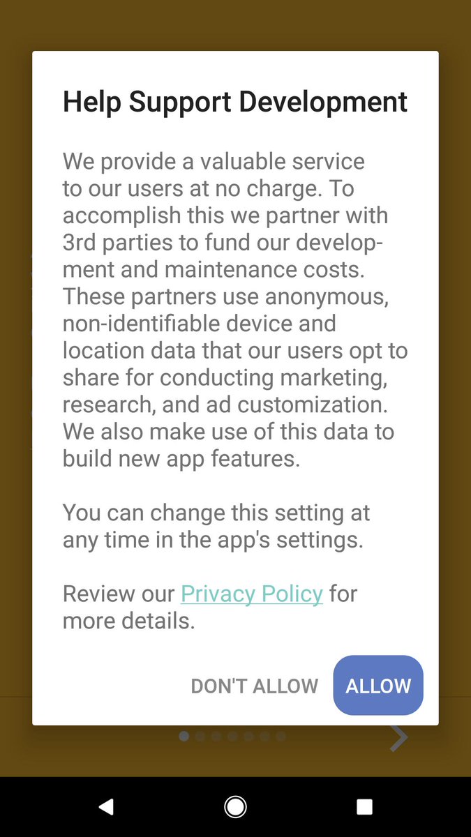 JulesPolonetsky's tweet photo. Some apps are starting to ask permission before sharing/selling location data. See this DC Metro app. Major quibble with calling precise location data anonymous, but appreciate being asked, with option to decide without consequence. https://t.co/cKY9gvdAas