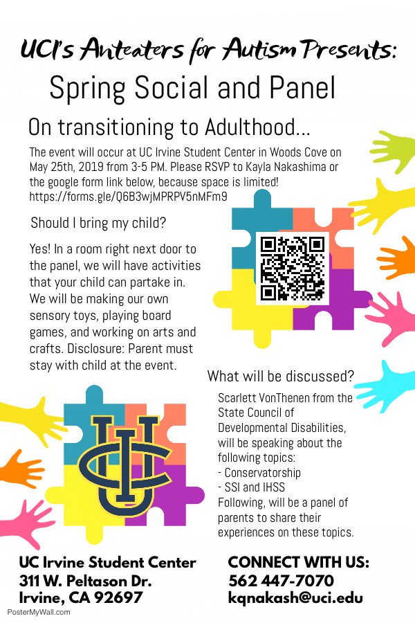 Cs4Hope's tweet image. Hey Everyone, Anteaters for Autism at UCI are hosting an event social/panel for parents and kids! They will be discussing the transition into adulthood! If interested RSVP at Kqnakash@uci.edu #autism #anteaters #uci #anteatersforautism