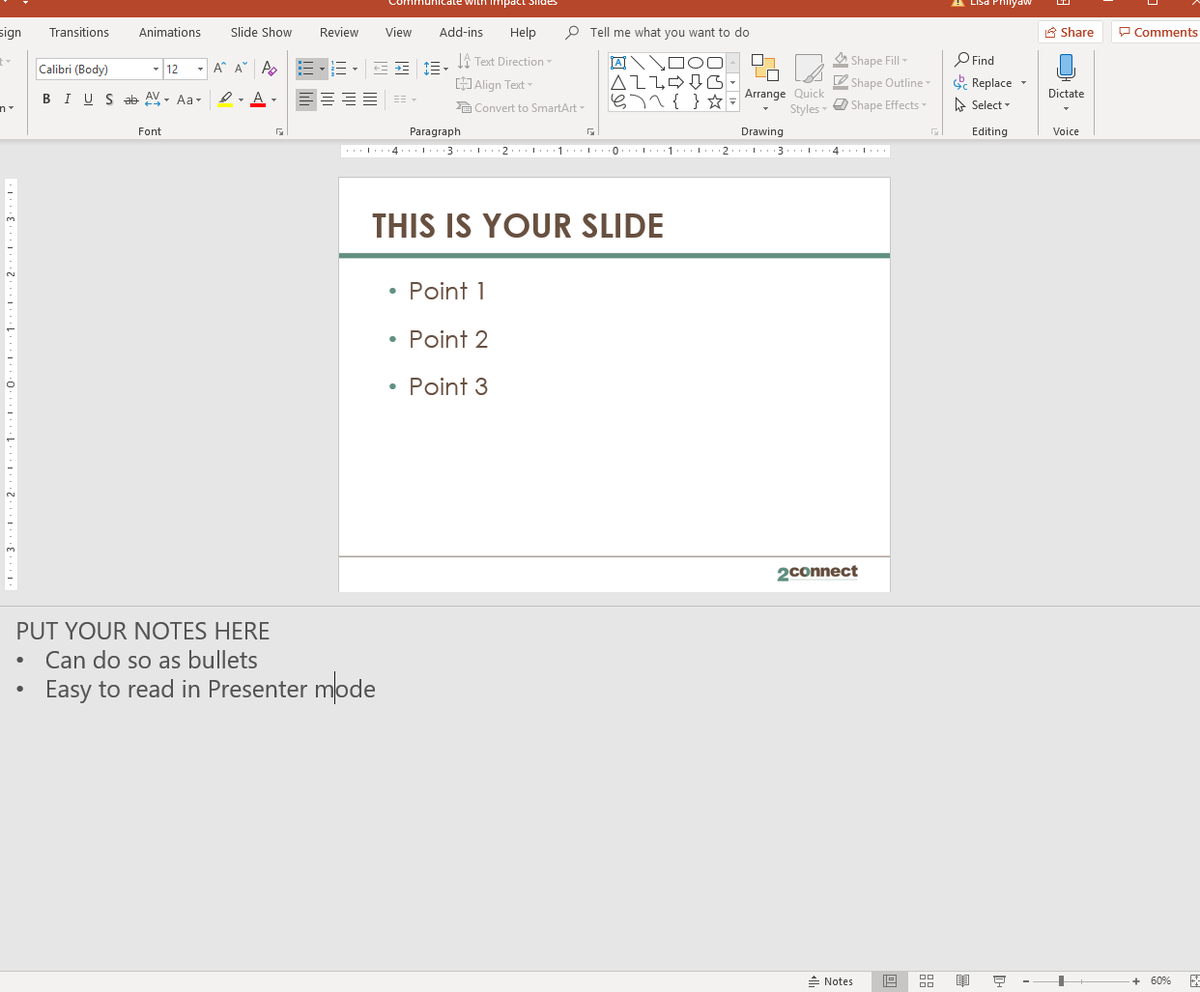 Present2Connect's tweet photo. Here’s a presenter tip: Use the Notes section in PowerPoint by putting in key words or high level bullets. These will show up in the Presenter view. This way you can be prepared to share the details, without trying to cram those all on the slide itself.
#Presentations #2Connect https://t.co/HZHtzCQCTT