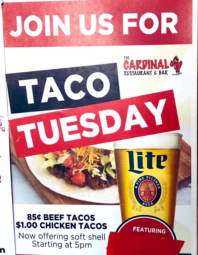 cardinalbarmn's tweet photo. Tonight (Tuesday, 5/7) join us for #TacoTuesday and (new!) Survey Says trivia for your chance to win #CardinalRestaurant gift certificates! https://t.co/6Y40SsnFPt