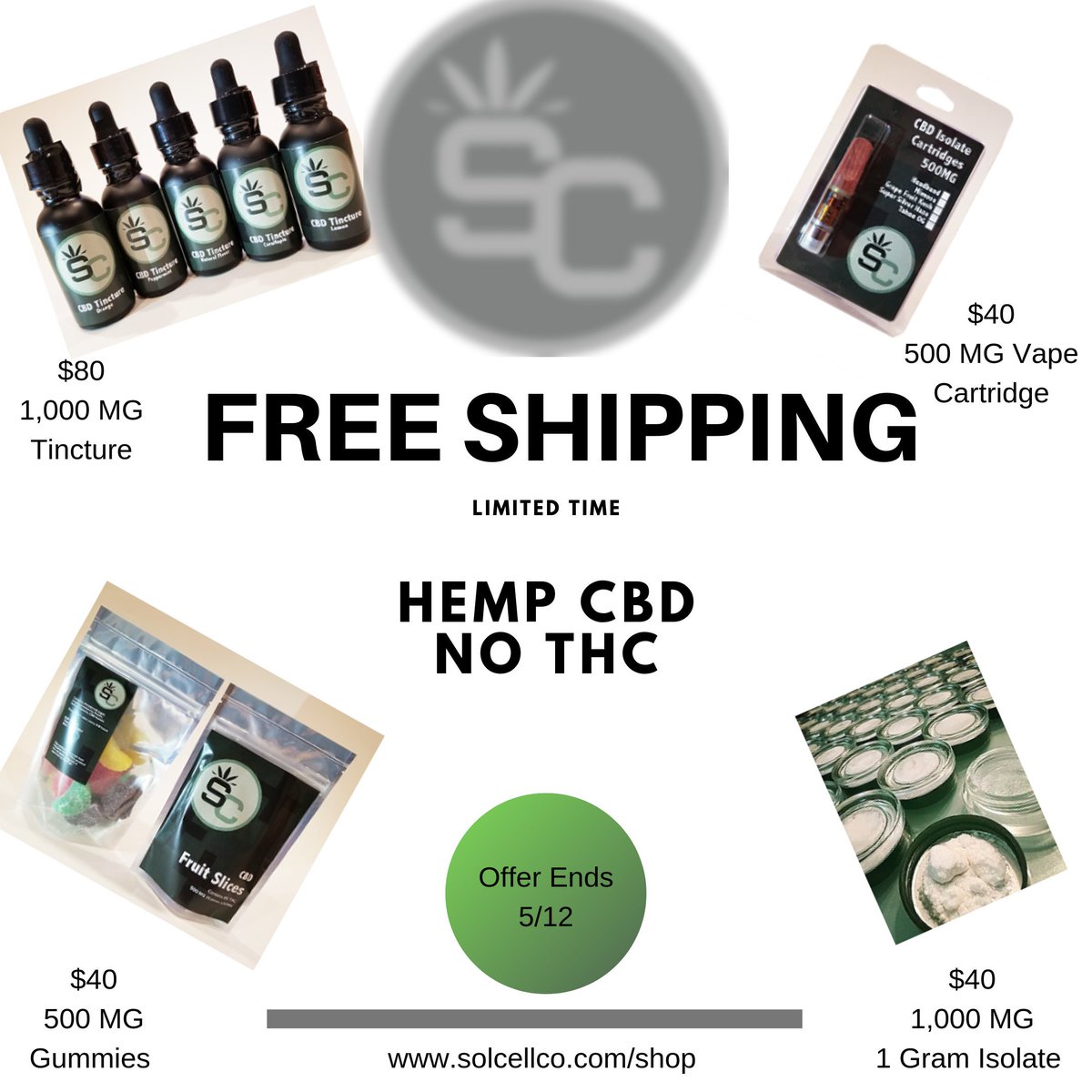 Solcellco's tweet image. For a limited time free shipping #hemp #CBD #vape #cartridges #isolate #gummies #organic #premium #product