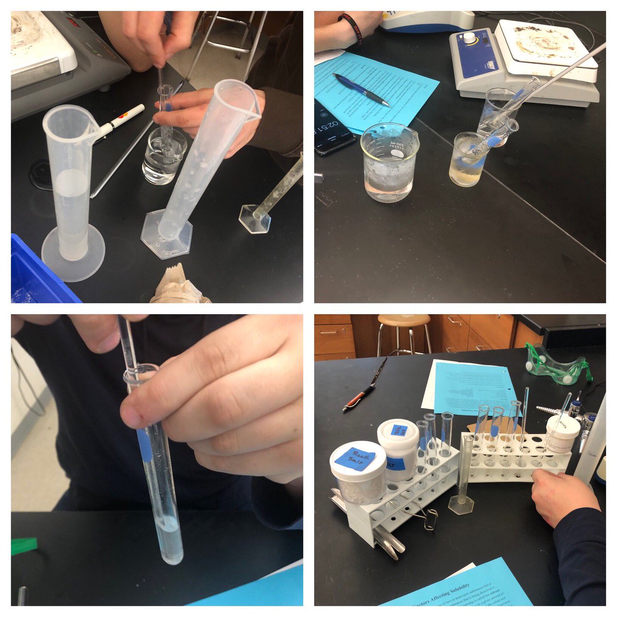 CCanfield100's tweet photo. My first-year #chemistry class investigating factors that affect #solubility, measured in time required to dissolve, at #NewtownHS : agitation, temperature, nature of solute, and particle size. #science #laboratory #solutionchemistry https://t.co/H0yVK5iNlI