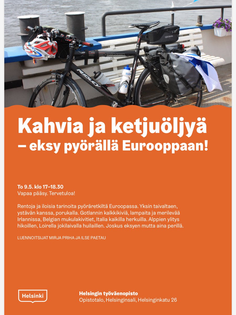 VeloKah's tweet photo. Torstaina Helsinginkadulla on tarjolla pyöräilyideoita ensi kesään ja loppu elämään. Hyvää Eurooppapäivää 🚲🚲 toivottaa Helsingin Työväenopisto 🇪🇺 #pyöräily #eurooppapäivä #helsingintyöväenopisto https://t.co/cVeOD7WMix