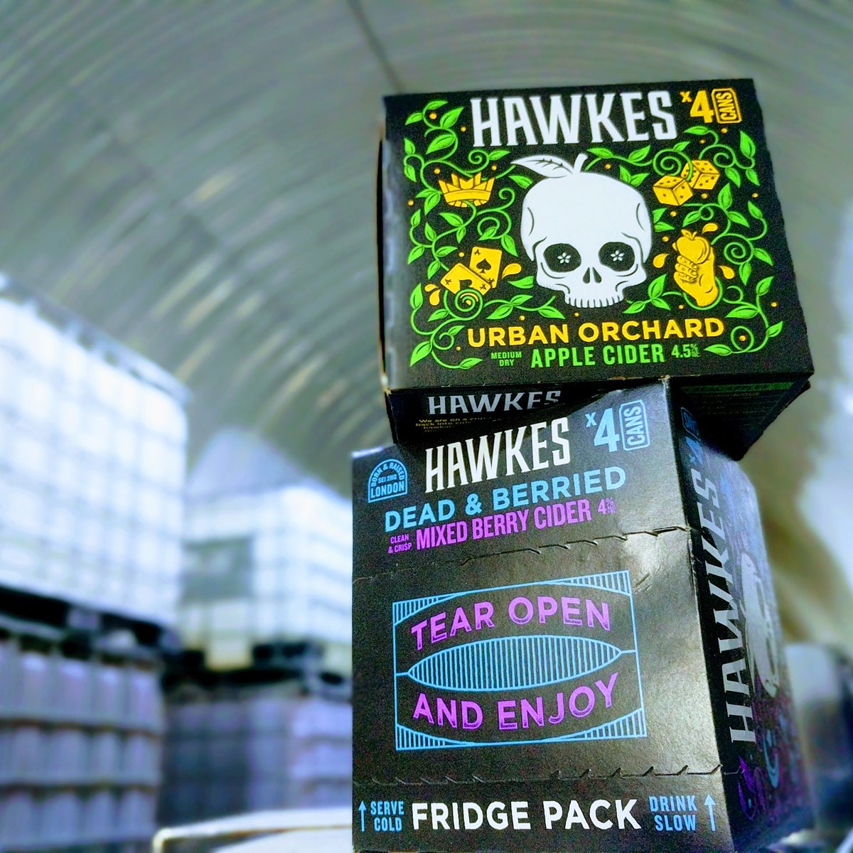 wearehawkes's tweet photo. Tear Open and Destroy 🤘 🤘 🤘  Cheeky little fridge stocker for the week ahead. Who's got theirs? 🤘 🍏💀  #savioursofcider #craftcider #ukcider #cidercans #craftcans #fridgepack #urbanorchard #deadandberried https://t.co/taJA2VtPRc