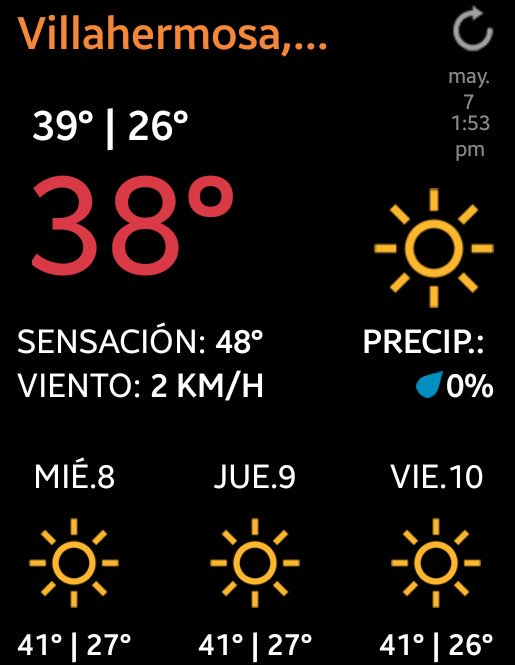 Actualmente en #Villahermosa #Tabasco (dato de la 1:53pm):
Temperatur: 38°C
Sensación Témica: 48°C.

Durante los próximos 10 días se mantendrán temps muy calurosas con máximas entre los 40 a 42°C dentro de la ciudad.