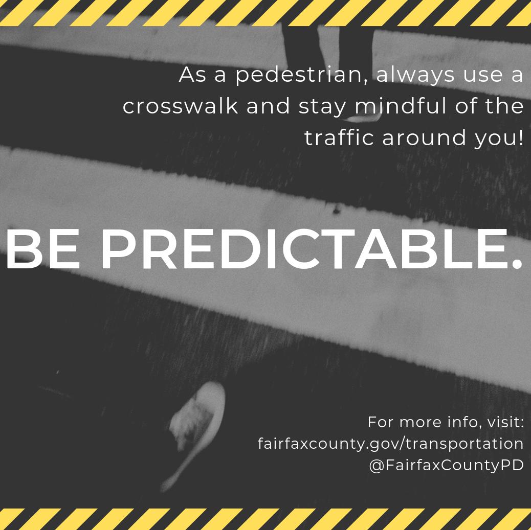 FairfaxCountyPD's tweet photo. In 2019, we’ve had 50 pedestrian crashes, 9 deaths & 57 injuries in #FairfaxCounty. While we're working hard to keep our roads safe, we're also reminding drivers to #drivecarefully & pedestrians to #bepredictable. 🚸 For tips & info: https://t.co/Ly61039Mbc #FCPD @COGStreetSmart https://t.co/OZD4p4PGwu