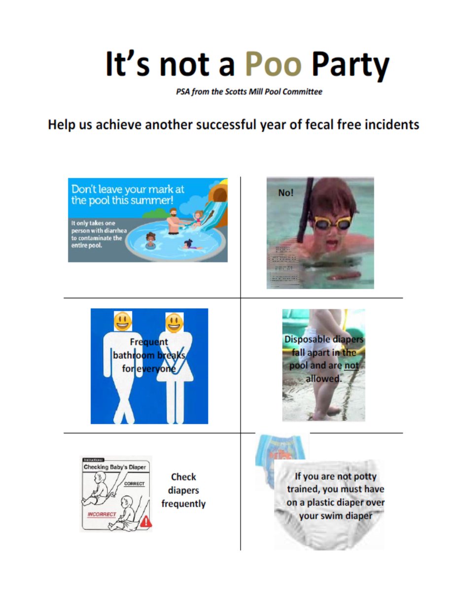 ScottsMillPool's tweet photo. We had 0 closures for fecal incidents last year!  We're pretty sure it was because of our "Don't Poo in the Pool" PSA initiative - lol!

This year we declare "It's not a Poo Party!" https://t.co/dngNnSMcOb