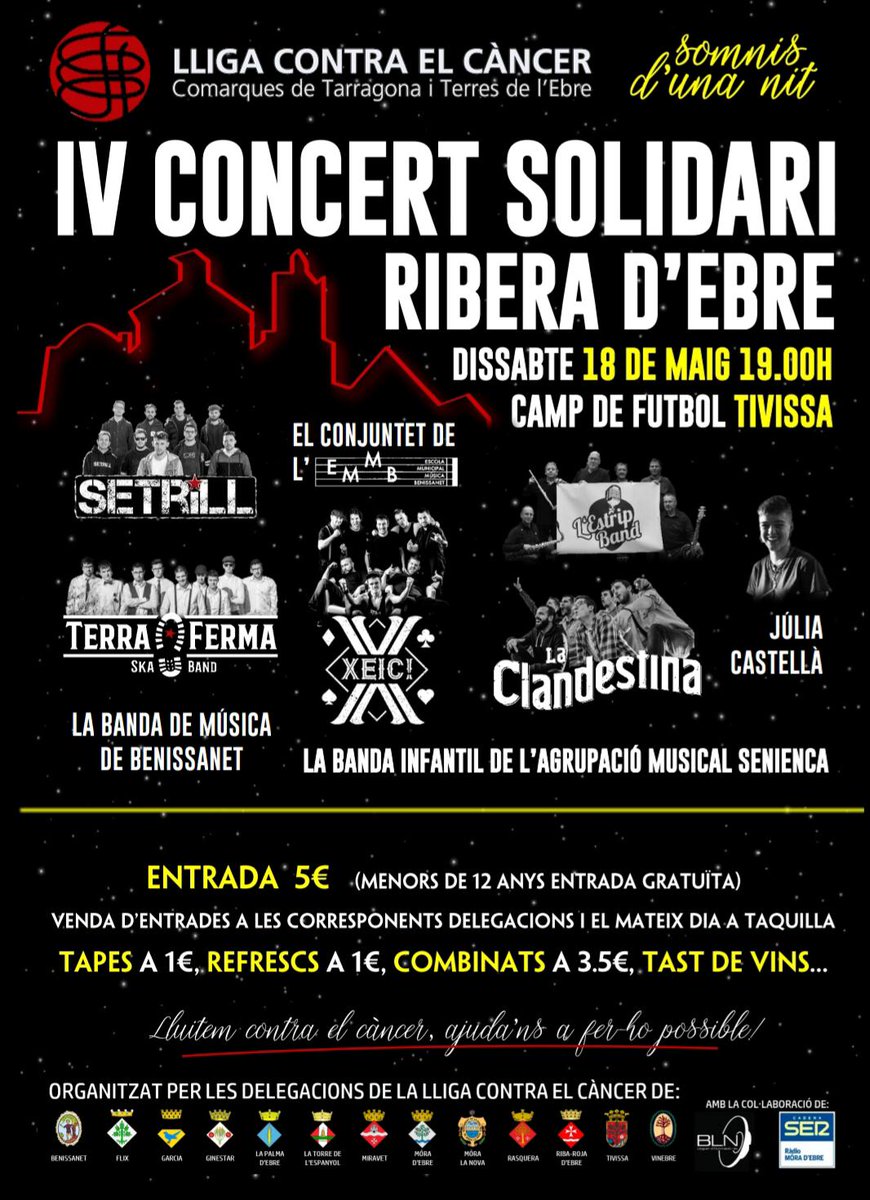 reginatibisi's tweet photo. Dissabte 18 de maig, al camp de futbol de Tivissa a les 19:00h. #Lligacontraelcancer #tivissa #TerresdelEbre @XEICSKA #setrill #terrafermaband #laclandestina #juliacastella https://t.co/kZRcUZwQZS