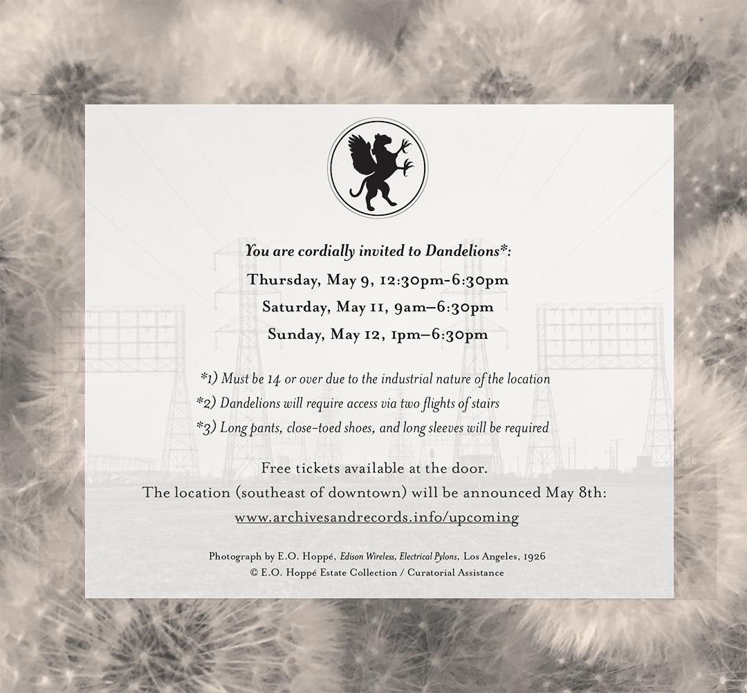 upcomingLA's tweet photo. Reminder from the Division of Wishful Thinking: DANDELIONS will be up and running May 9, 11, and 12, with improved wish processing and distribution networks. Drop-ins welcome. Location will be announced on our website &amp; hotline: 323-905-4574 

More info: https://t.co/MFW9Ziet5q https://t.co/tLToDzXMwj