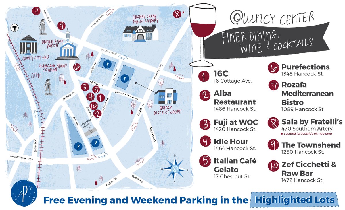 CityofQuincy's tweet photo. If you’re planning a night on the town, check this out! We’ve put together a map highlighting all the finer dining, wine and cocktail spots throughout #Quincy Center. The map also highlights free parking on weeknight evenings and weekends at the Ross, Courthouse and Hannon lots. https://t.co/YREJAH5Qsm