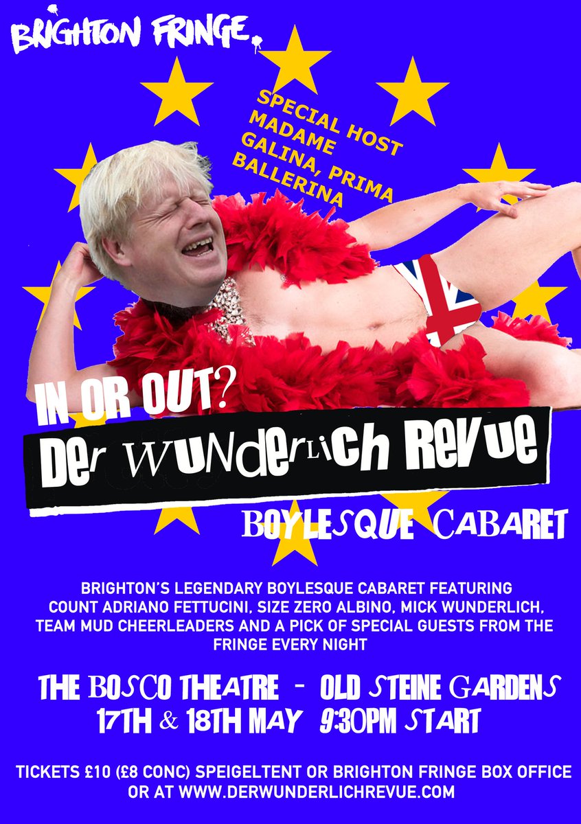 WunderlichR's tweet image. Are you for pulling out or re-entering? Which way do you swing? Brexit-themed pole dancing, cheerleading, stripping, mime &amp;amp; unicycles with Der Wunderlich Revue at the Spiegeltent Bosco Theatre May 17 &amp;amp; 18 @brightonfringe Get your tickets
bit.ly/2Jmqfit