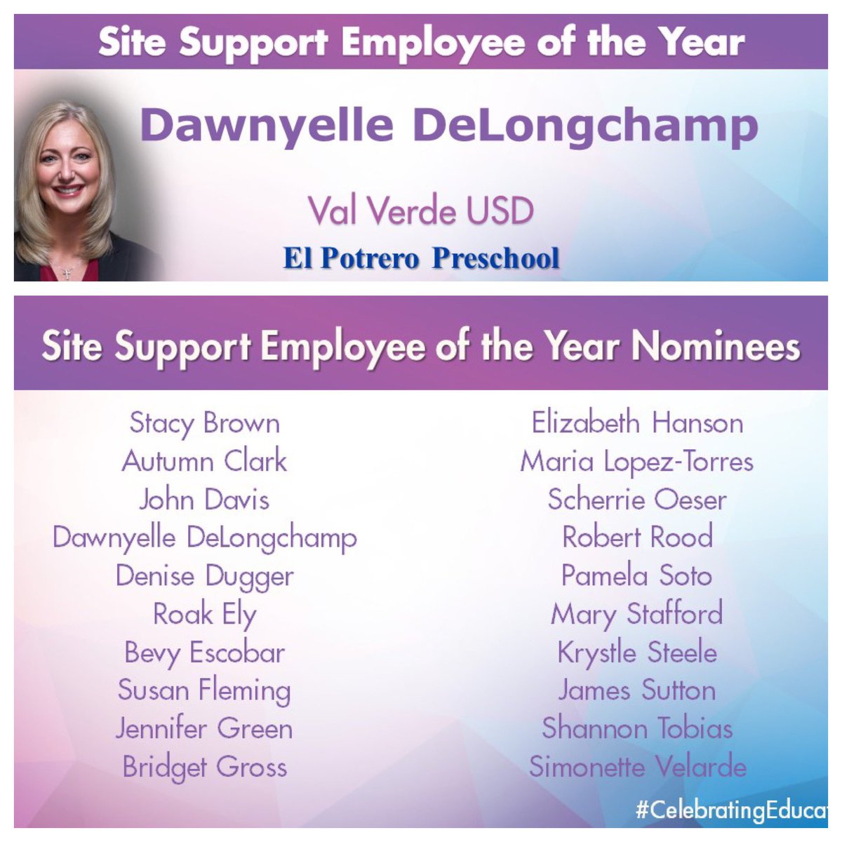 RCOE's tweet photo. Congrats to all of the Site Support Employee of the Year district winners/nominees and 2019 #RivCo awardee District Psychologist, El Potrero Preschool @EPPS_VVUSD @ValVerdeUSD, Dawnyelle DeLongchamp. 🏆 #CelebratingEducators https://t.co/7PTtPotMkb