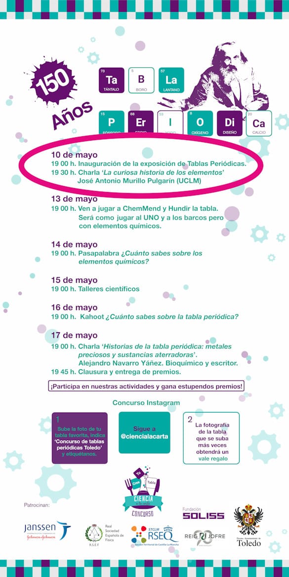 GrupoColorUCLM's tweet photo. El próximo viernes comienzan en #Toledo los Actos organizados por la celebración del Año Internacional de la #TablaPeriódica de los Elementos. #GrupoColor impartirá la Conferencia Inaugural que lleva por título “La curiosa historia de los elementos”. https://t.co/rYlHz4dIV9