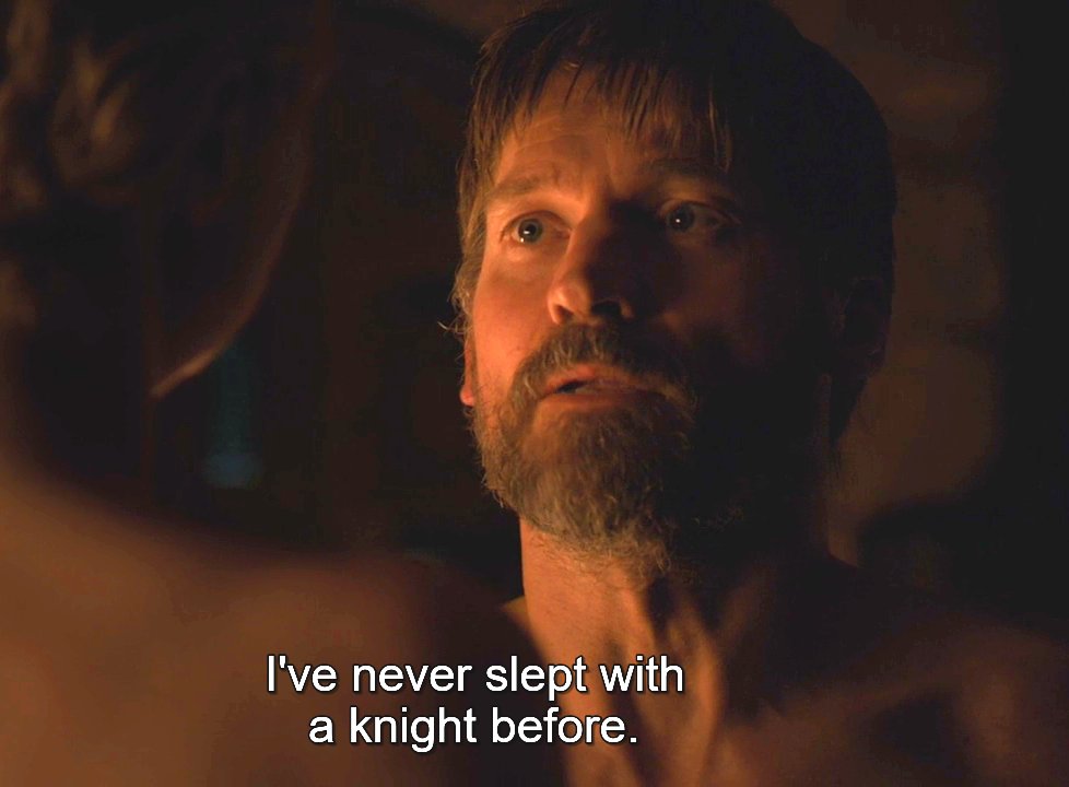  JAIME & BRIENNE Happy moments in episode 8x04A THREAD.PART 16.J: "I've never slept with a knight before." B: "I've never slept with anyone before." J: "Then you have to drink. Those are the rules." B: "I told you-"  #GameOfThrones #JaimeLannister #BrienneOfTarth