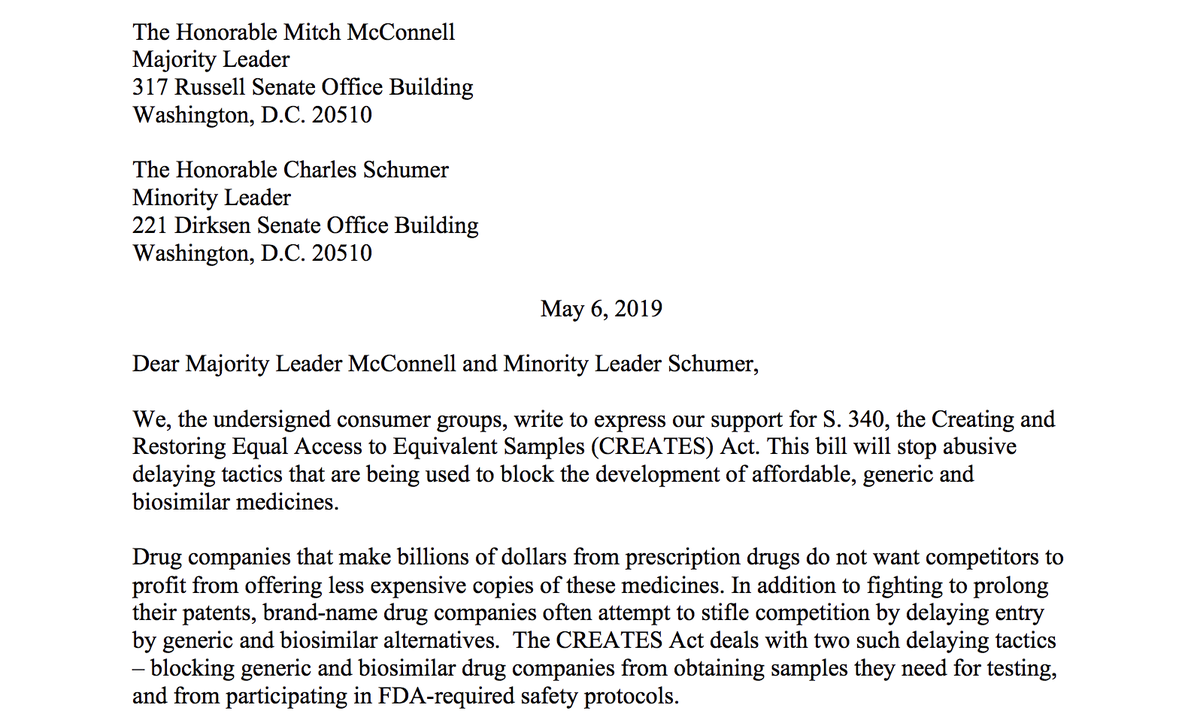 AccessibleMeds's tweet photo. Excited to see more support to #PassCREATES by @consumeraction, @ConsumerFed, @ConsumerReports, @FamiliesUSA, @NETWORKLobby and @uspirg who sent a letter to @senatemajldr &amp; @SenSchumer in support of the CREATES Act: https://t.co/0NIc2PA8FP https://t.co/SSj5VOLnV6