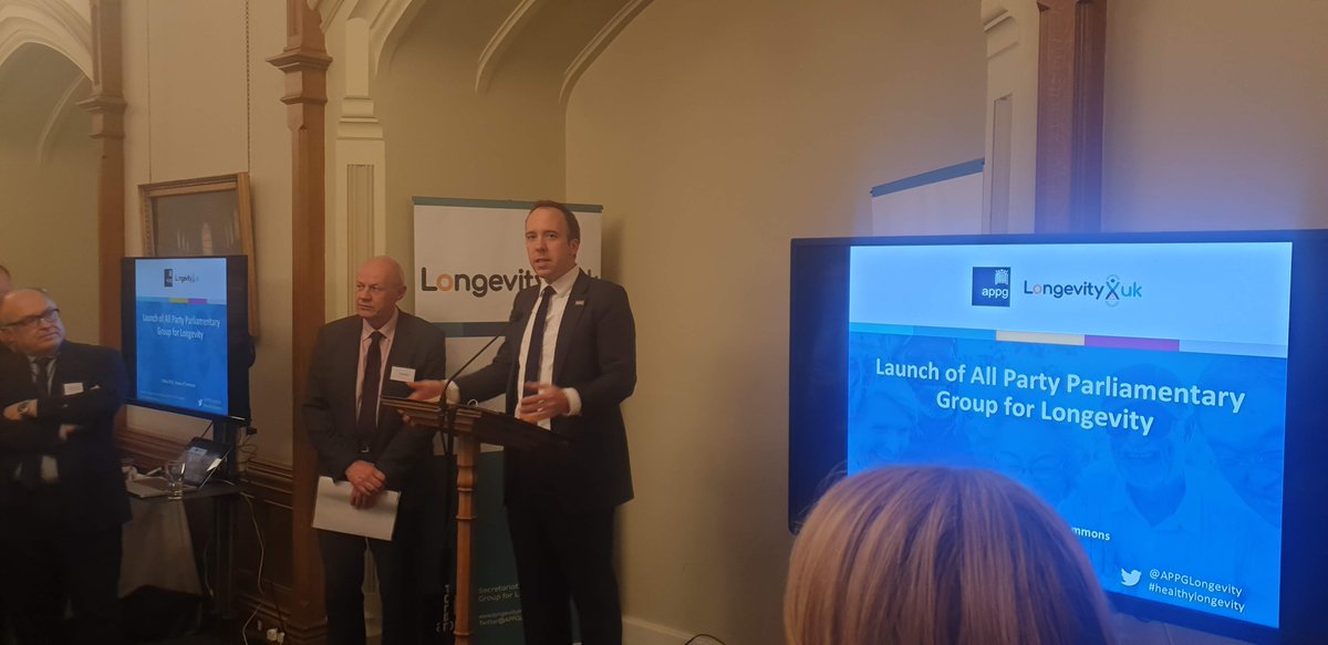 *Great* @APPGLongevity launch today! Top quotes @MattHancock 'our job in government is to ensure #Healthspan as well as Lifespan' 🙌, after @ProfAndrewScott kicked off with 'age is malleable to an extent not previously realised'. Exciting times. #healthylongevity #healthylifespan