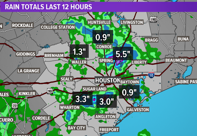 DavidPaulKHOU's tweet photo. Update: Rain totals just today have exceeded 5"+ around the #Humble - #Kingood - #Atascocita - #LakeHouston area. Street flooding is widespread. Turn around, don't drown #khou11 #houston #weather https://t.co/rk9frBcIRX
