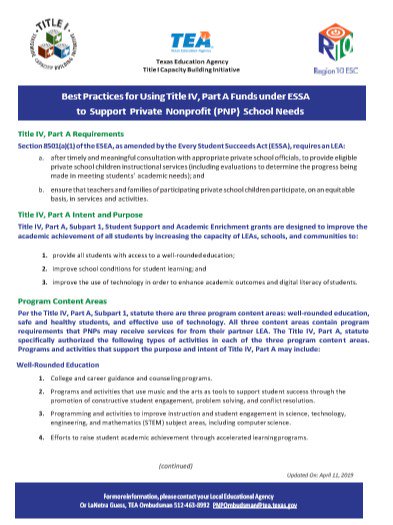 CBI_PNP's tweet photo. 🚨🚨NEW RESOURCE ALERT 🚨🚨 "Best Practices for Using Title IV, Part A Funds under ESSA to Support Private Nonprofit School Needs". Download the entire document by visiting https://t.co/9F6T7ZgFU6 😃#TitleIV #Resources #PNP @teainfo @CapacityBldg #R10 https://t.co/4Dzwrlu8iL