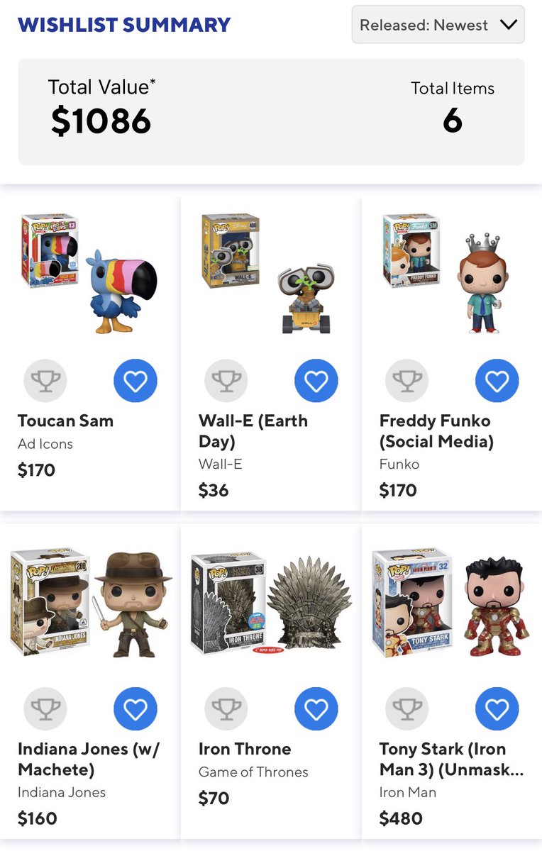popsadventures's tweet photo. Top 6 #funkopops on my Funko App wishlist. Do you have any of the same on your #wishlist ?
.
.
.
#funkopop #popvinyl #popcollector #funkopops #funkomysterybox #funkomysteryboxes #collectibles #funko #got #avengersendgame #funkophotoaday #indianajones #toucan #walle #ironthrone https://t.co/WRYwJxT8Jq
