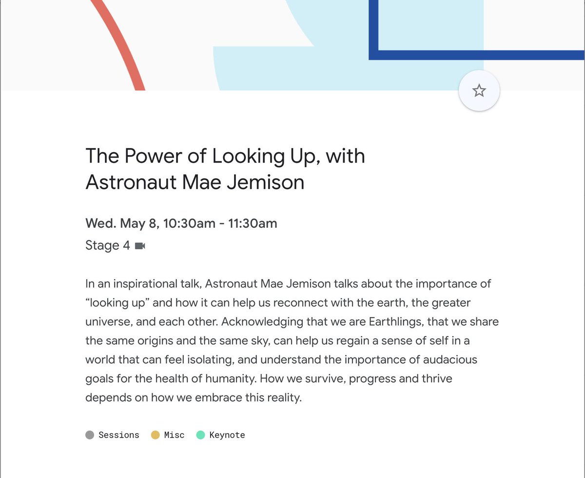 maejemison's tweet photo. Join the Power of Looking Up! Tomorrow Wed. May 8 at 10:30am-11am (PDT) on Stage 4 @Google @100YSS @LookUpOneSky #io19 #GoogleIO2019 #lookup #lookuponesky  #100yss #DaringMakesADifference https://t.co/QCWhtFBbi2
