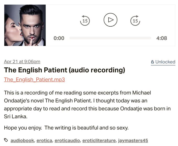 Have I mentioned that I read sexy scenes from literature and upload the recordings to my @Patreon? Click<a href="/tag/erotica"class="tags"><span>#erotica</span></a><a href="/tag/patreon"class="tags"><span>#patreon</span></a><a href="/tag/eroticaudio"class="tags"><span>#eroticaudio</span></a><a href="/tag/jaymasters45"class="tags"><span>#jaymasters45</span></a>