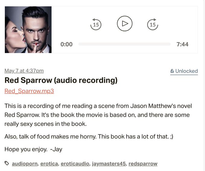 Have I mentioned that I read sexy scenes from literature and upload the recordings to my @Patreon? Click<a href="/tag/erotica"class="tags"><span>#erotica</span></a><a href="/tag/patreon"class="tags"><span>#patreon</span></a><a href="/tag/eroticaudio"class="tags"><span>#eroticaudio</span></a><a href="/tag/jaymasters45"class="tags"><span>#jaymasters45</span></a>