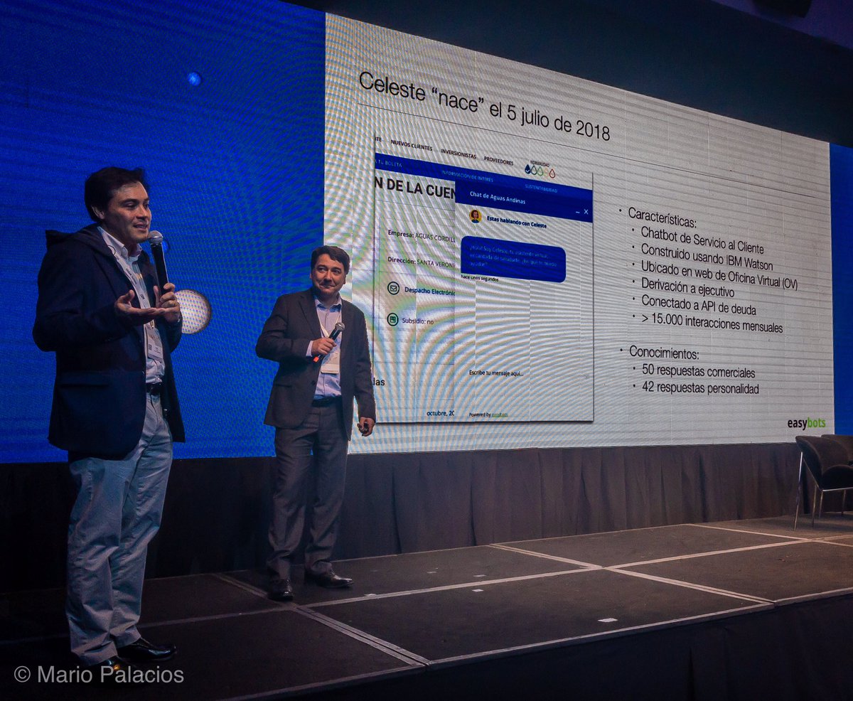 mariopd's tweet photo. 95% de las personas que “conversaron” con #Celeste no tuvieron que llamar al CallCenter según @arielvidalp de @aguas_andinas. Gran presentación junto con @aldo_vw de @easybots_io en #ThinkSantiago @IBMdeChile @IBMWatson #Innovacion #CognitiveSolutions https://t.co/mqygcOmSWY