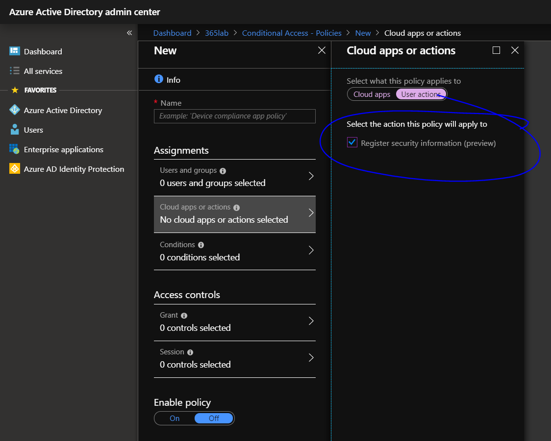 Awesome stuff going on in #AzureAD Conditional access! We are now able to build a policy that requires a user to be on a compliant device or in a certain location to be able to register their security information for MFA and SSPR! #Azure