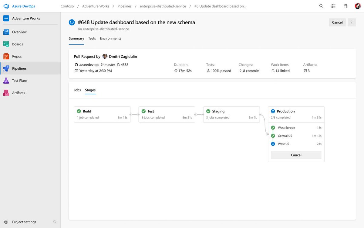 tfsbuck's tweet photo. Since we introduced YAML for build (CI), everyone's wanted YAML for release (CD). Now it's here! Check out what's new in Azure Pipelines. #DevOps

* Multi-stage YAML pipelines (for CI and CD)
* Environments and deployment strategies
* Kubernetes support

https://t.co/TjNP4eBo0i https://t.co/O5VAXUj7Ur