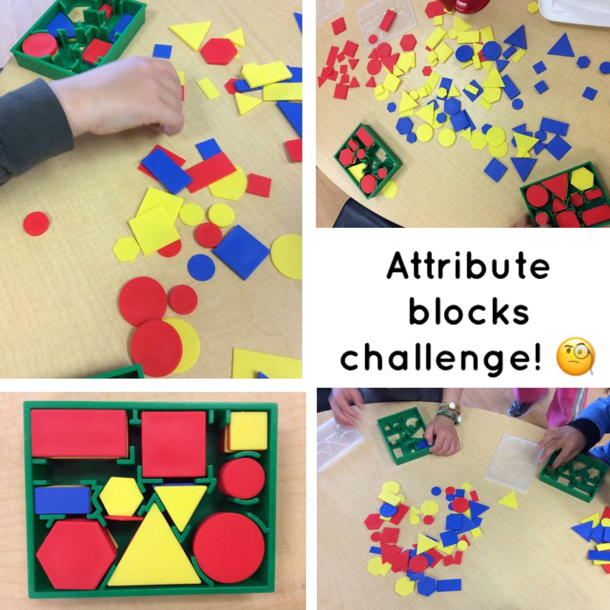 fdkparkview130's tweet photo. This week’s Math challenge with sets of attribute blocks! Students are encouraged to fill their tray with all of  the assorted shapes. Stay tuned! 👀 #FDKmath #challenge #shapes #attributeblocks #growthmindset https://t.co/GlodzOIUTo