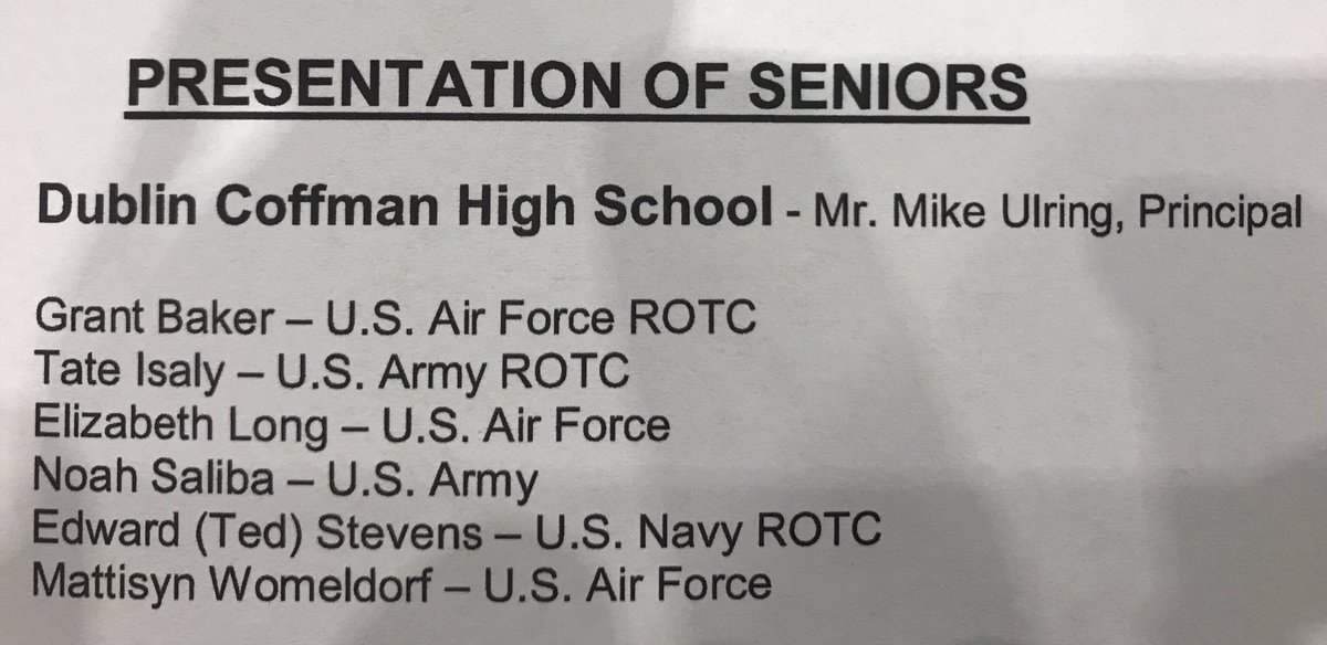 DublinCoffmanHS's tweet photo. 5 seniors @DublinCoffmanHS  have decided to serve their country after graduation.  We are so proud of you. #ThankYouForYourService  @usairforce @USArmy @USNavy https://t.co/bAQicmzrA7