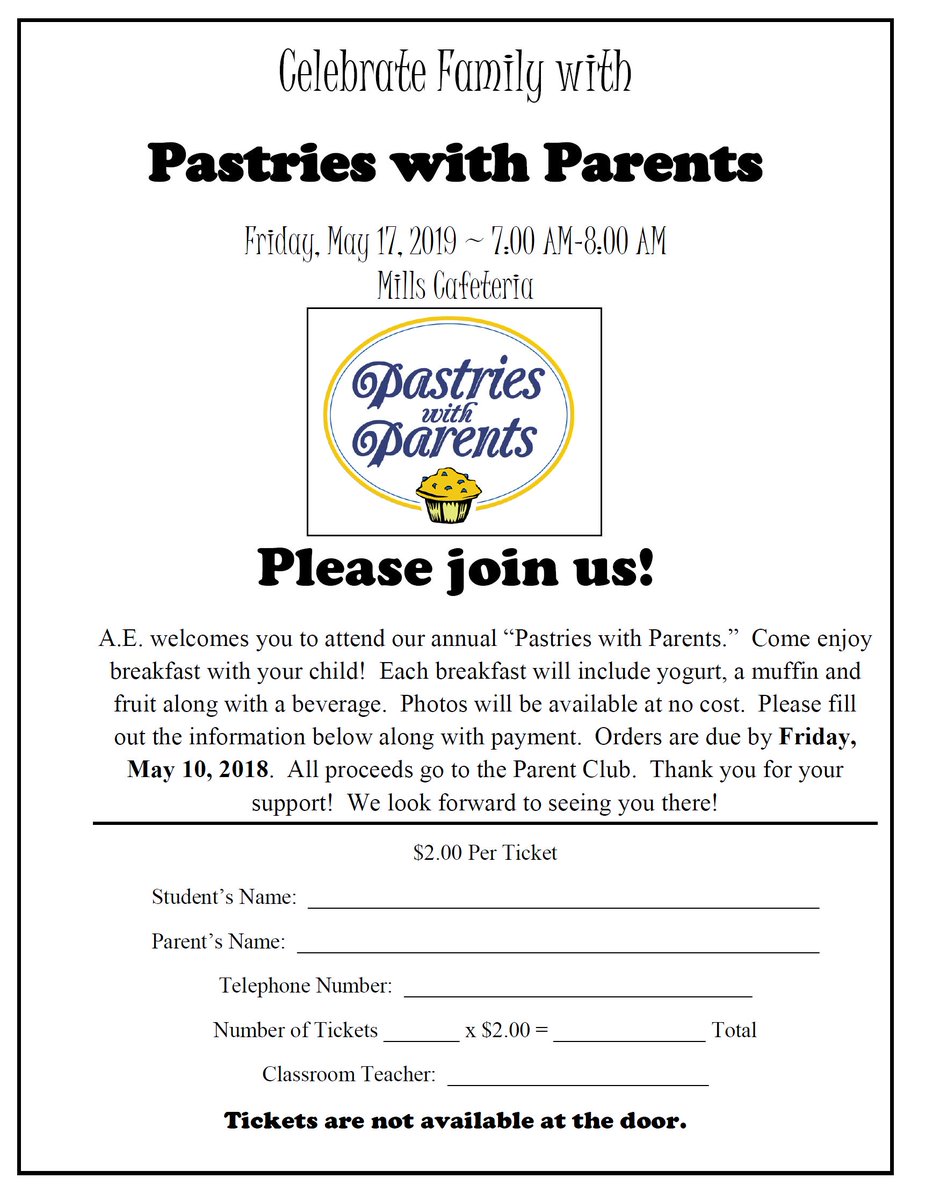 millsinter's tweet photo. Pastries with Parents - May 17th
Don't miss out - must pre-purchase tickets by Friday, May 10th
Hope to see you all there :-) #fldusd #millsinter https://t.co/CGK8UTGkga